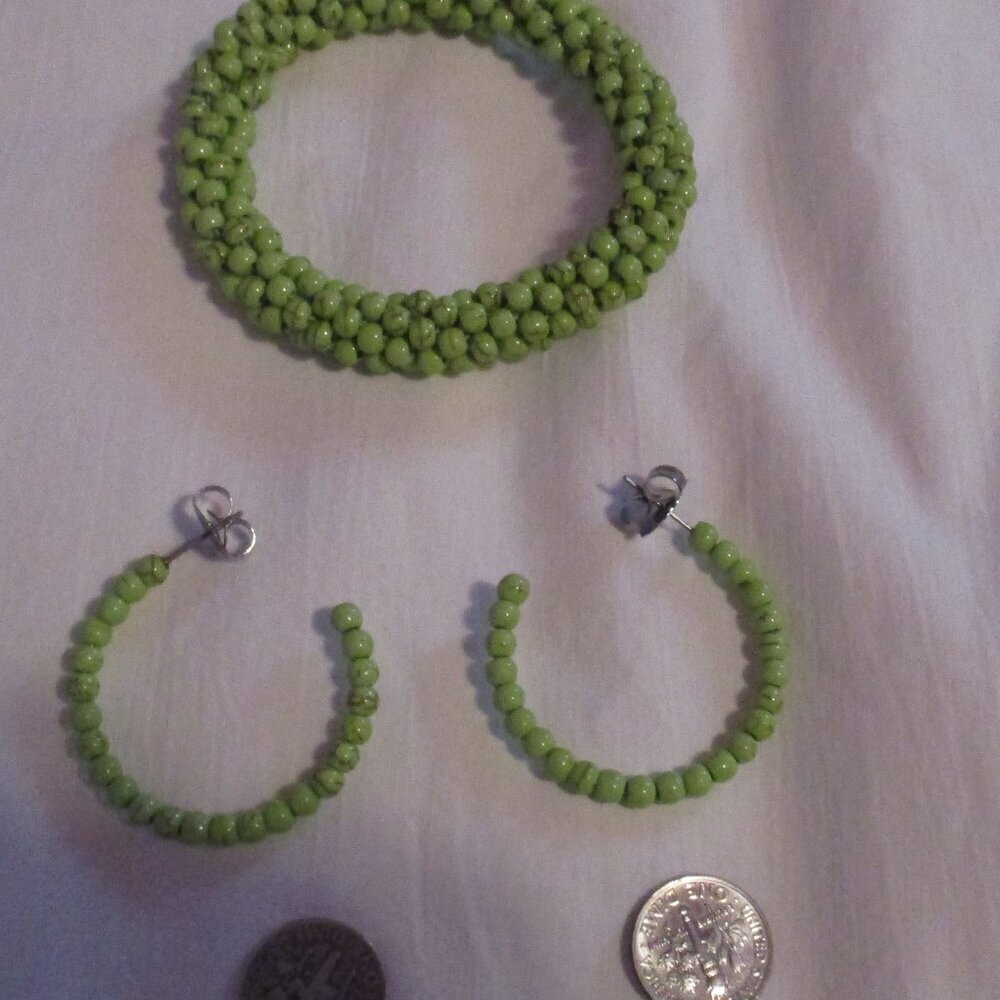 Howlite 116 Ct Beaded Woven Bracelet & Earrings Set Stainless Steel Green